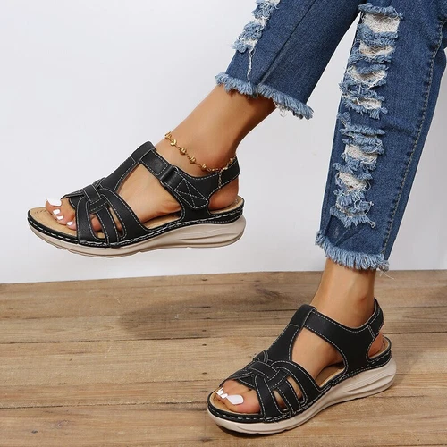 Sandalias de cuña ortopédicas informales de verano para damas Zapatos cómodos con punta abierta plana - Imagen 13 de 22