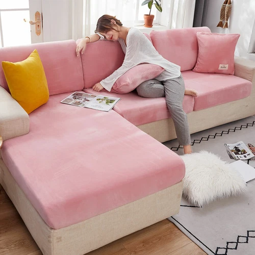 Velvet Sofa Seat Cushion Cover Thick Solid Soft Stretch Sofa Plush Slipcovers - Picture 6 of 15