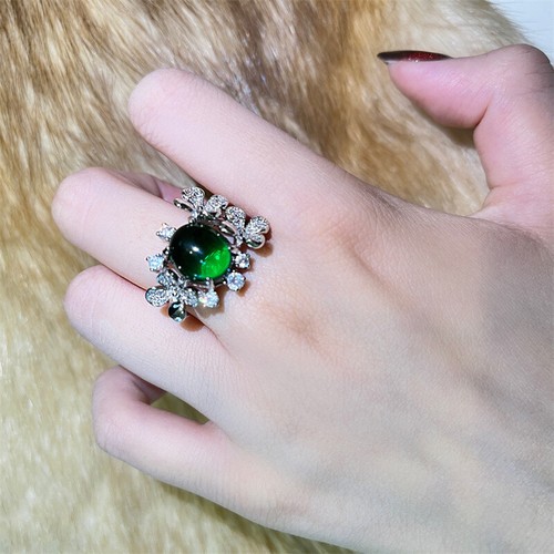 Oval Emerald Gemstone Ring White Gold Crystal Flower Womens Wedding Bridal Ring - Picture 9 of 18