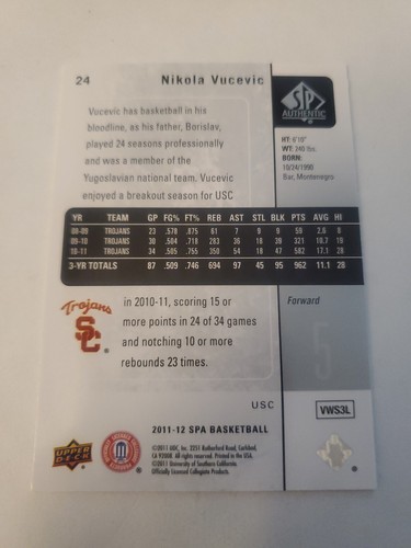Nikola Vucevic Trojans 2011-12 Upper Deck SP Authentic #24 - Picture 3 of 3