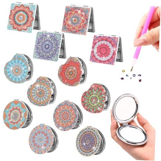 12 Pcs Diamond Painting Compact Mirror DIY Mandala Design Pocket Mirror