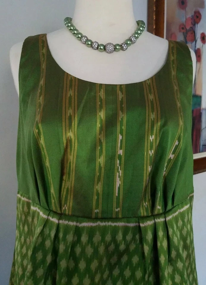 Cambodian Women's Olive Multi Pa'moung 100% Silk Maternity Sleeveles Dress Sz. L - Image 2 of 4