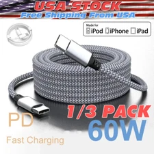 60W USB C to C Cable Fast Charge PD Nylon Cord 3/6/10FT for iPhone15 Samsung lot
