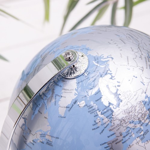 Silver & Blue Vintage Globe Metallic Metal Rotating World Atlas Desk Ornament - Picture 4 of 4