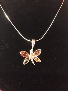 New 925 Sterling Silver & Green & Cognac Baltic Amber Butterfly Pendant