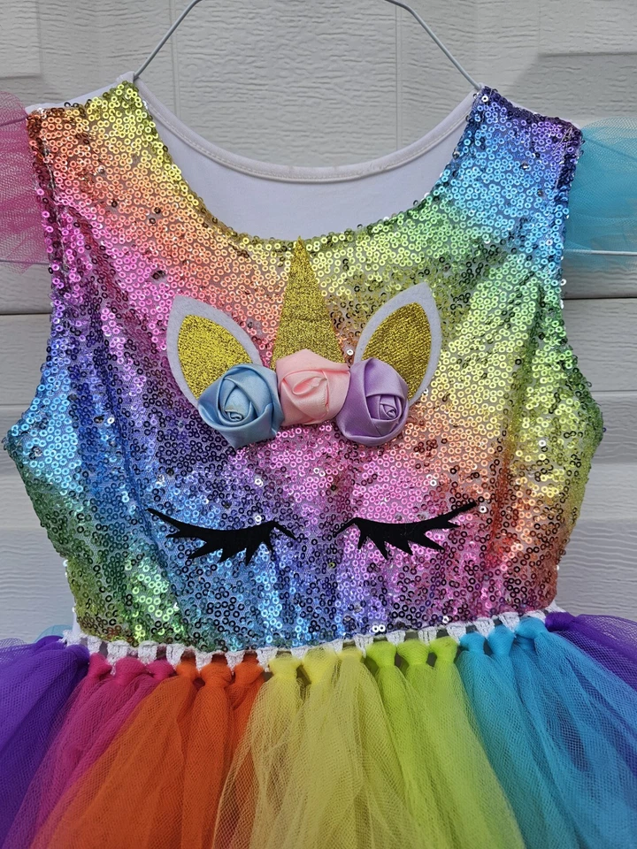 Rainbow Unicorn Tutu Dress Handmade Sequin Costume Play Sz 4-5 yrs - Image 3 of 4