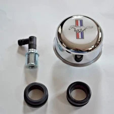 Chrome Valve Cover Breather & Grommet  PCV Valve FORD MUSTANG SYMBOL WHITE NEW 