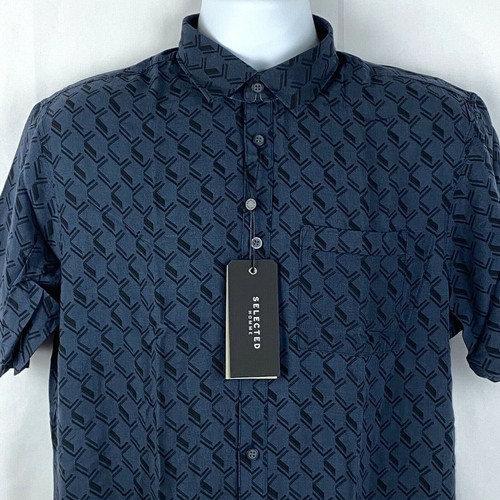 Selected Homme Men's Dress Shirt Various Sizes Slim Fit Short Sleeves Blue Black - Picture 2 of 10