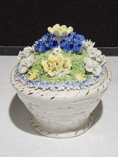 Antique Large Elfinware German Basket Casket Box Jar w/ Flower Top - Picture 4 of 9