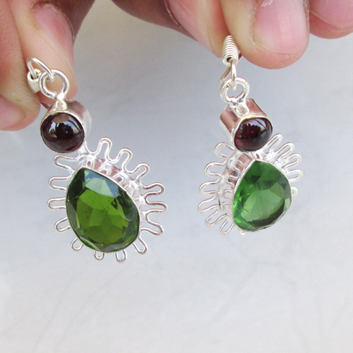 Pendientes ligeros hechos a mano con superposición de plata granate peridoto para mujer joyería - Imagen 2 de 8