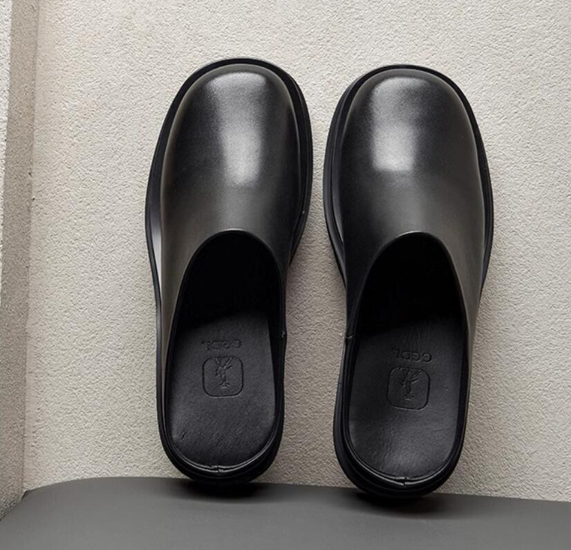 SAOLA Pantofole da uomo nuove in vera pelle punta rotonda punta spessa tacco aperto scarpe per il tempo libero