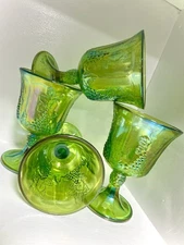 4pc Set Indiana Carnival Glass “Iridescent Lime” Grapevine Goblets, 1970s, USA