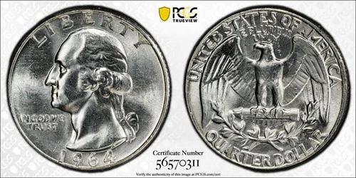 1964 Washington Quarter PCGS Gold Shield MS65