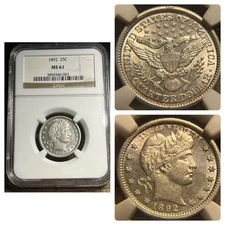 1892 Barber Quarter NGC MS-61; First Year of Issue! Beautiful Coin, Silver