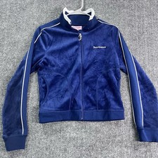Women's Juicy Couture Blue Velour Track Jacket with White Trim Size Medium