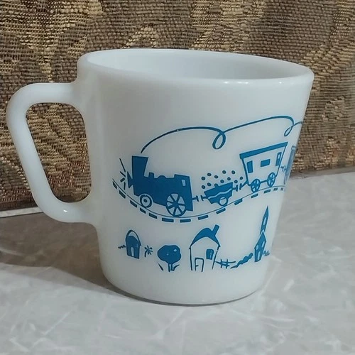 Vintage Pyrex Children's Kid's White Milk Glass Mug Blue Turquois Train Cup
