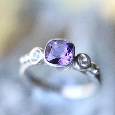 1.2ct Natural Amethyst & Diamond Engagement Ring Trilogy 14k SOLID White Gold