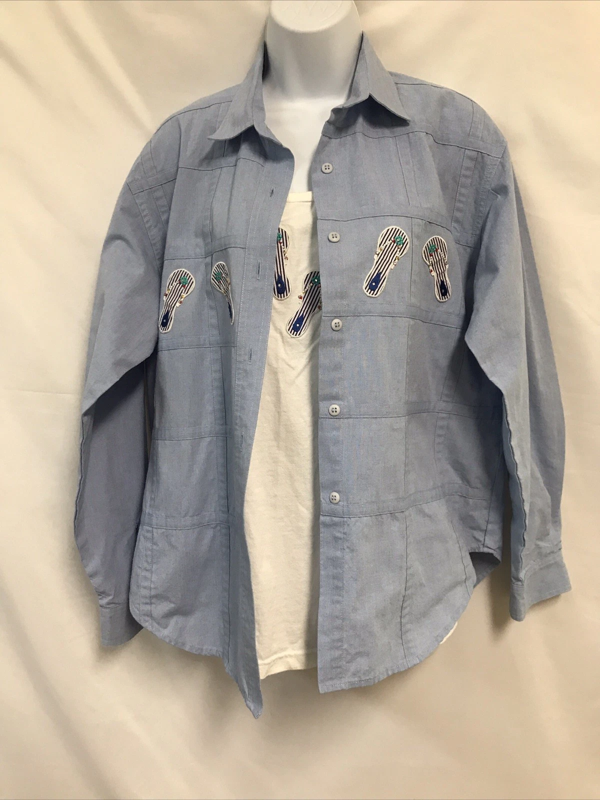 2 Pc Beachwear Set Tank Top Over Blouse Jacket Sz M Flip Flop Applique Cotton