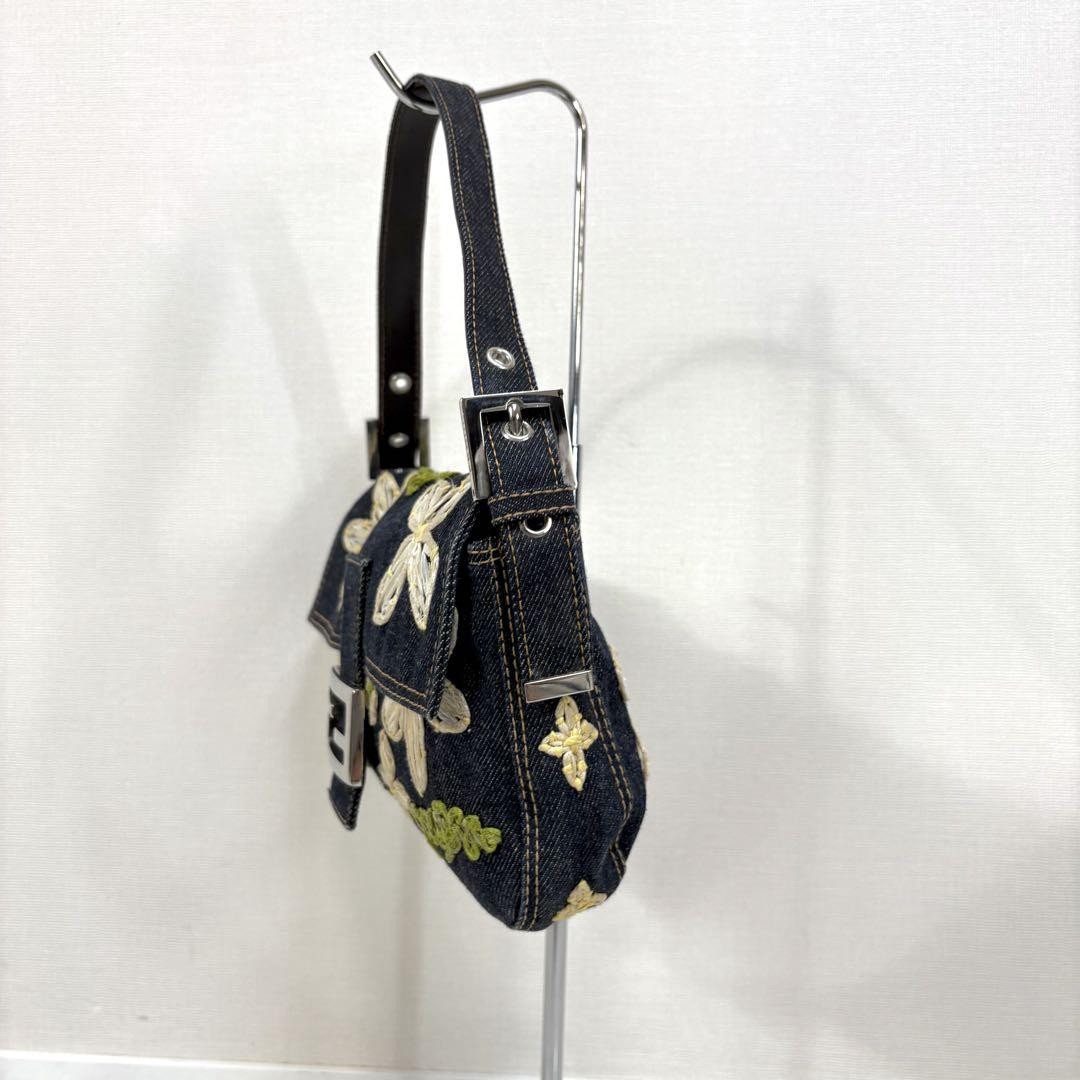FENDI Mamma Bucket Hand Bag Denim Leather Floral Embroidery FENDI Mamma Bucket Hand Bag Denim Leather Floral Embroidery
