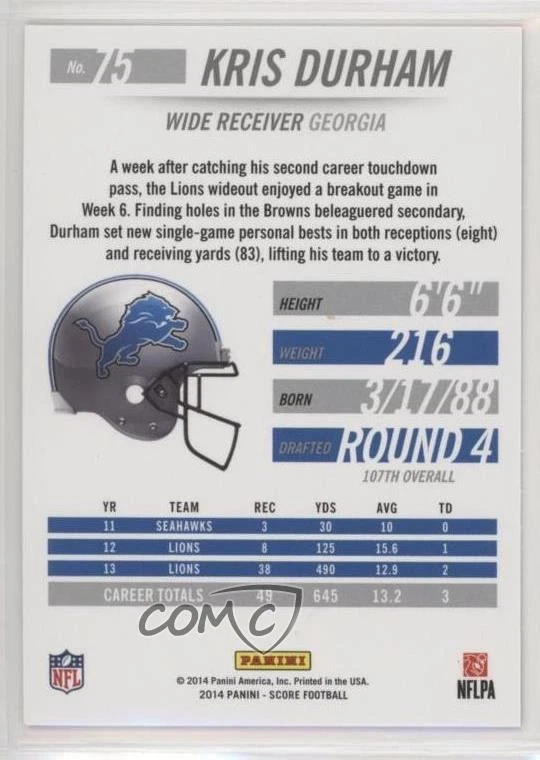 2014 Panini Hot Rookies End Zone /6 Kris Durham #75 - Image 2 of 2