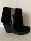 Michael Kors Wedge Ankle Brandy Booties Fold Over Zip Black Suede Sherpa Size 7