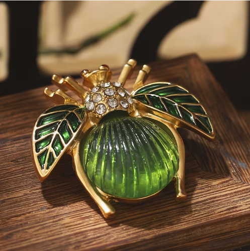 BROOCH-Vintage Style Boho Insect, Green Glass & Rhinestone Inlay, Alloy ...