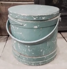19thC Primitive Green Firkin Sugar Bucket Authentic 11 3/4" tall 12 1/2" wide