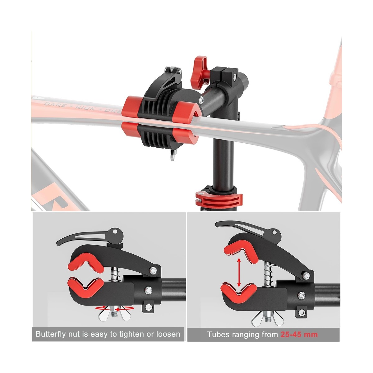 CXWXC Supporto Riparazione Bici – Fino A 30 Kg – Altezza Regolabile 116-198 Cm – Morsetto Rotante 360° – Con Vassoio Porta Attrezzi Magnetico - 4