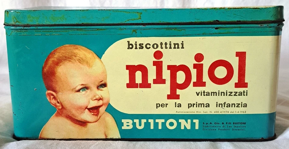 BUITONI - "BISCOTTINI NIPIOL" - ANNI ' 60 - Rara Scatola Latta Per FARMACIE - Immagine 3 di 4