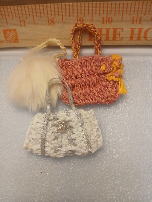 3 Pieces Crochet/Fur Purses for 11'' to 16'' Dolls - Pink-White--Handmade - OOK