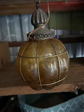 VTG MCM Retro Hanging Swag Light/Lamp Amber Rootbeer Glass Mid Century 20” TALL