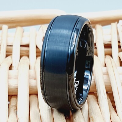 Men's Wedding Bands Black Brushed Tungsten Anniversary Ring Gift for Him