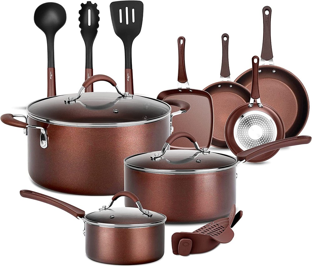NutriChef Nonstick Cooking Kitchen Pots and Pans, 14 Piece Set, Bronze(Open Box)