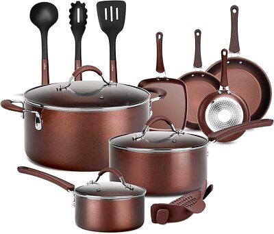 NutriChef Nonstick Cooking Kitchen Pots and Pans, 14 Piece Set, Bronze(Open Box)
