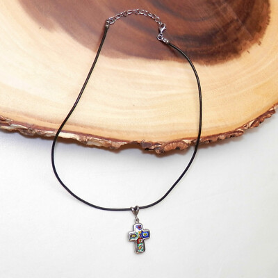 VTG 925 Sterling Silver Murano Millefiori Glass Cross Pendant Cord Necklace