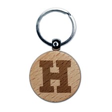 Letter H Uppercase Fun Bold Font Engraved Wood Round Keychain Tag Charm