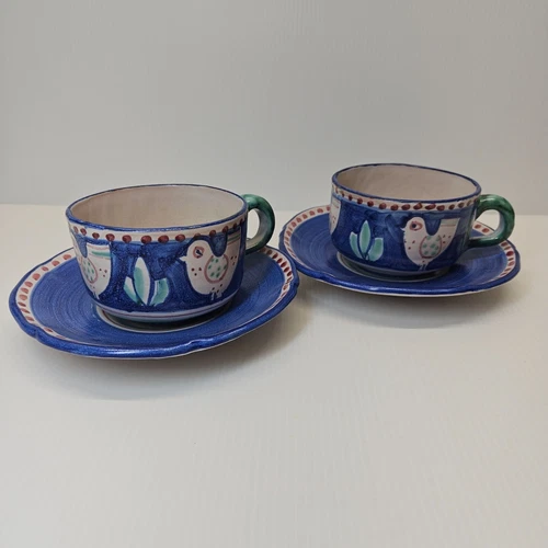 Vietri Ceramica Solimene Campagna Chicken Hand Painted Flat Cup Saucer Set of 2