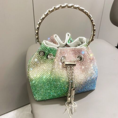 Multicolor Evening Clutch Bag Rhinestone Crystal Bucket Party Bag Purse Tassel - Picture 11 of 17