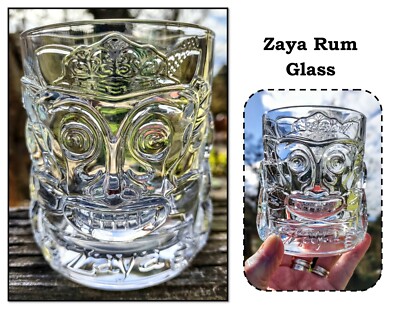 Clear Heavy Zaya Rum Rock Glass, Barware Advertising, Embossed with Aztec God