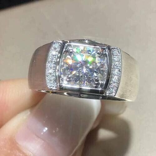 Bague Solitaire Homme Diamant Lab Créé 2,60 Ct - Argent 925 - Taille Sur Mesure - Neuf Sans Emballage