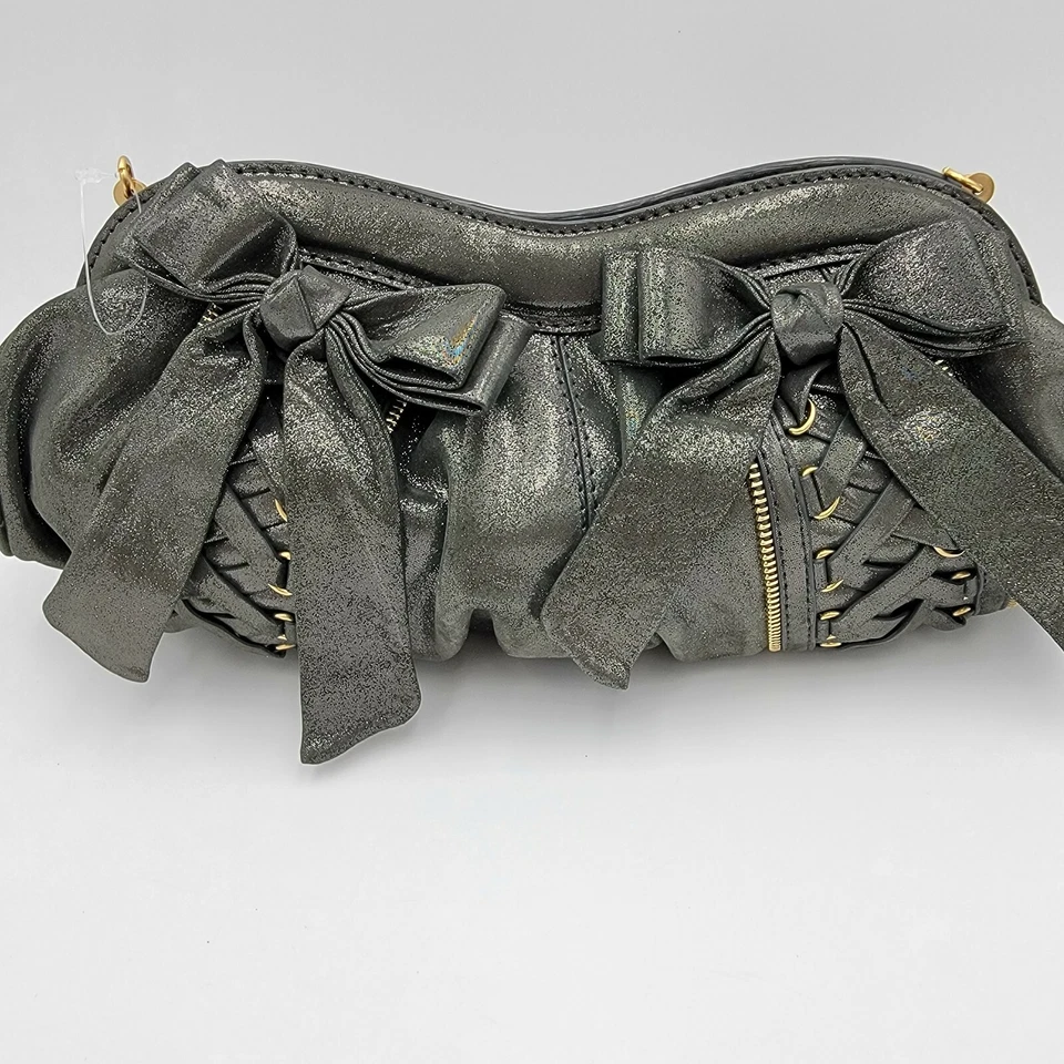 Isabella Fiore Metallic Bow Zip Convertible Clutch Leather Purse Bag Handbag - Image 2 of 4