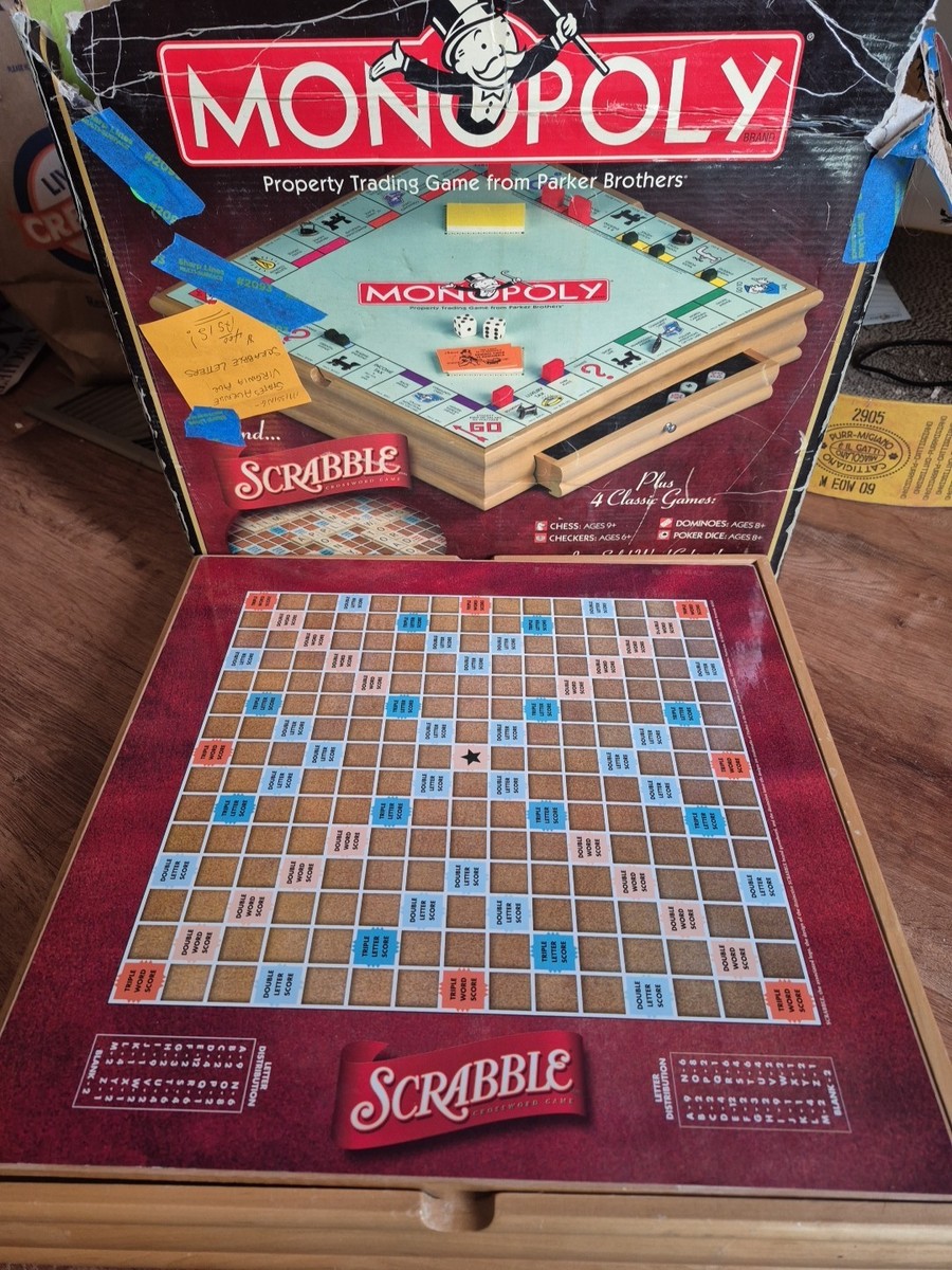 Mega MONOPOLY SCRABBLE Wood Board Set + 4 classic games Checkers