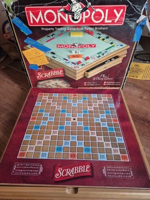 Mega MONOPOLY SCRABBLE Wood Board Set + 4 classic games Checkers Chess Domino