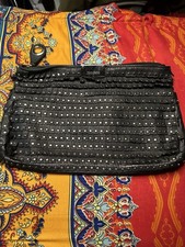 Jimmy Choo Black Studded Clutch Wrist Strap Zip Closure Lined Silver Hardware