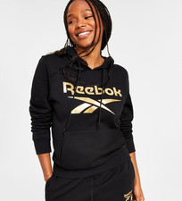 Reebok Metallic Foil Logo Fleece Shine Hoodie Women's XS Black Pullover L/S