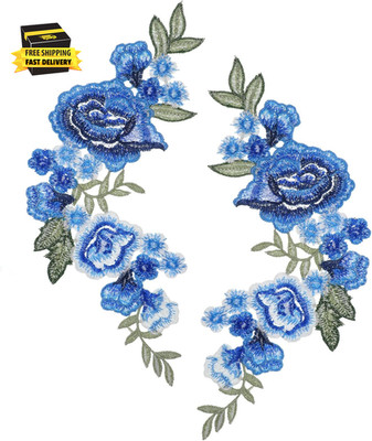 Blue Rose Embroidery Patches, 1 Pair Beautiful Flower Applique Patches Sew on Fl