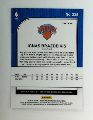 2019-20 Hoops Premium Stock #235 Ignas Brazdeikis Prizms Silver Laser Rookie - Picture 2 of 2