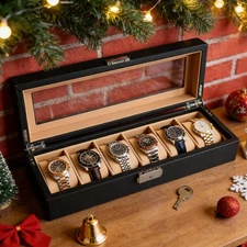 6-Slot Luxury Watch Case with Large Glass Lid Watch Box Organizer,Gift for Dad