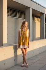 Umgee SZ S Yellow & Lace Tunic/Dress Sleeveless Boho W/Neck Tassel Semi Sheer