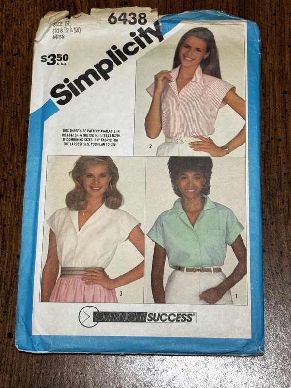Simplicity Pattern 6438 Women's Shirt Size 10, 12, 14 In 3 Styles ~ Vintage 1983